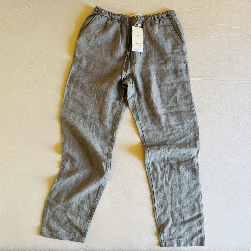 Mango Women's Elastic-Waist Linen Pants Gray Size XS